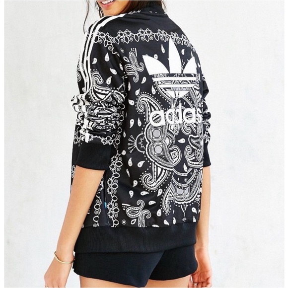 ADIDAS | Black/White Paisley Bandana Print Zip Front Track Jacket Women’s Size M - Picture 4 of 12